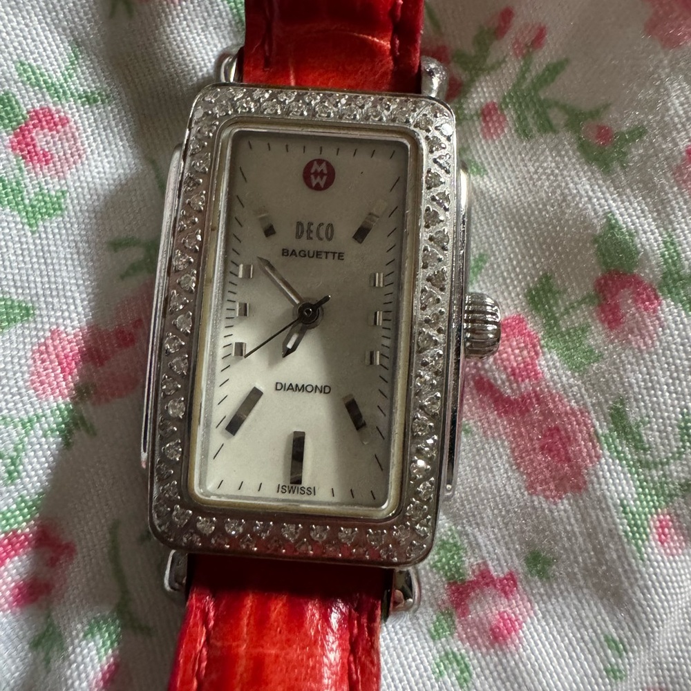 Authentic Michele Stainless Steel Watch with Red and Brown Strap